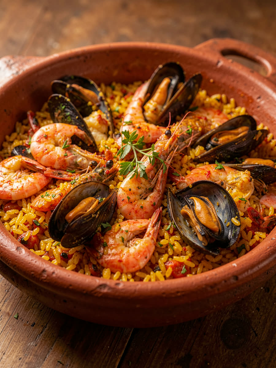 Paella de frutos do mar na paellera